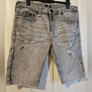 True Religion Men's Rocco Relaxed Skinny Grey Distressed Denim Jean Shorts SZ 36